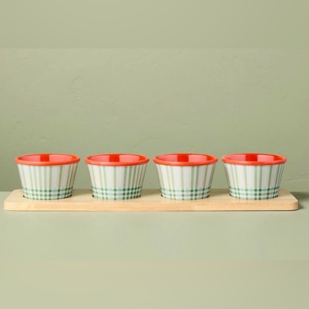 Hearth & Hand Mini-Bowls W/ Tray 5 Piece Set Plaid & Orange Accents & Wood Tray